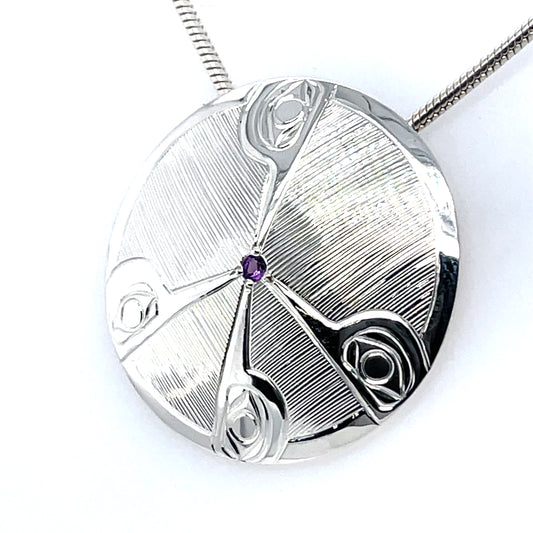 Pendant - Sterling Silver - Hummingbird Peace Sign - Amethyst