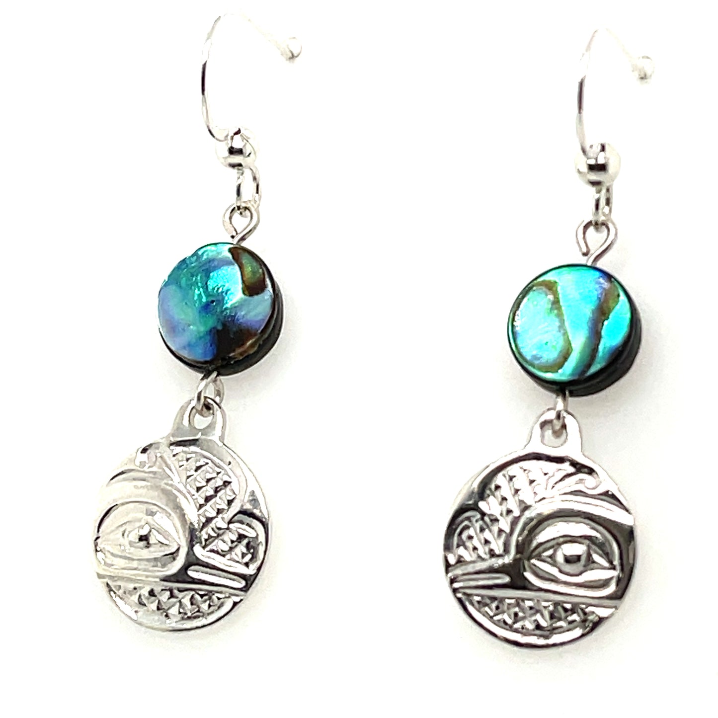 Earrings - Sterling Silver - Cast - Drop - Small - Round - Hummingbird - Abalone