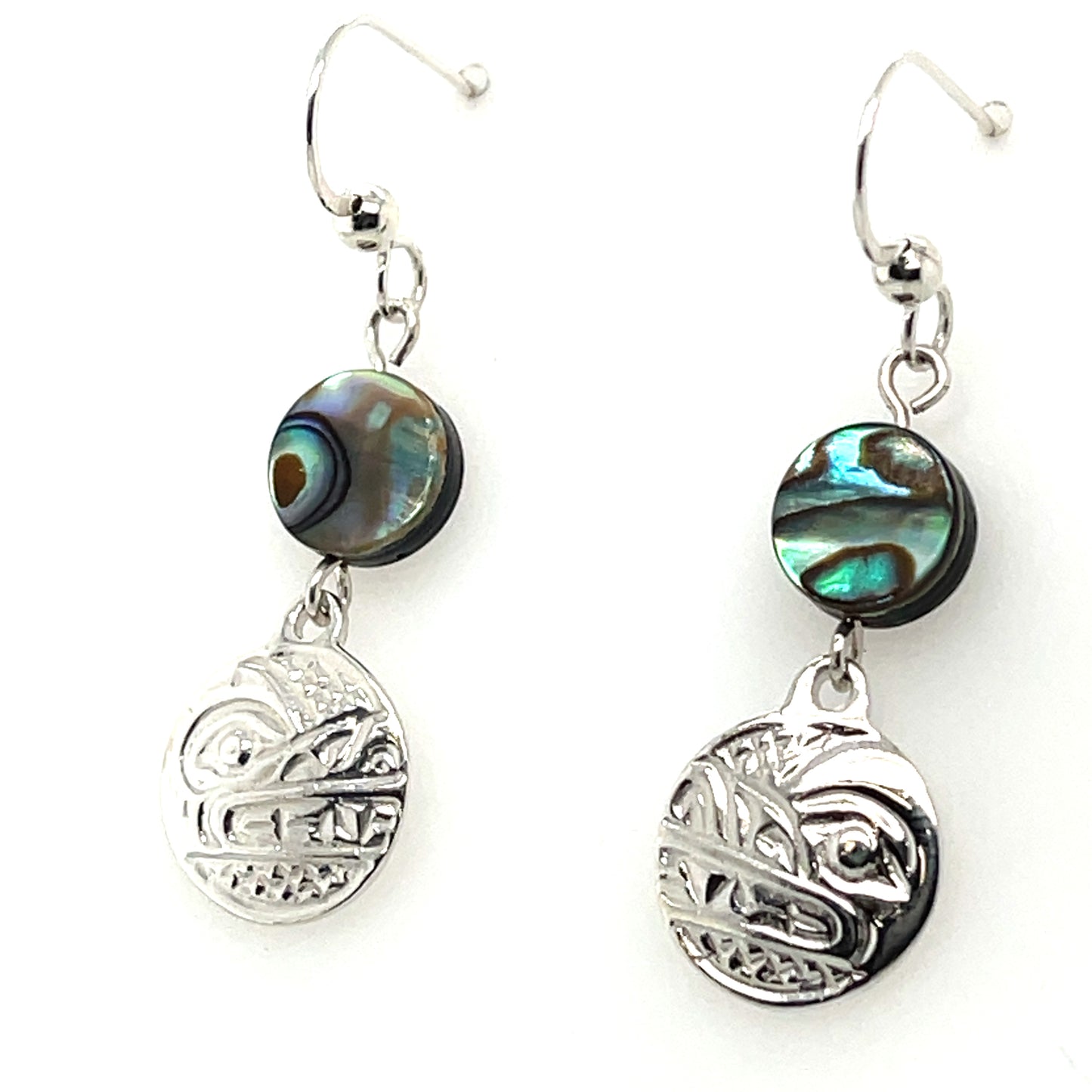 Earrings - Sterling Silver - Cast - Drop - Small - Round - Wolf - Abalone