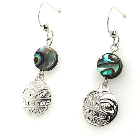 Earrings - Sterling Silver - Cast - Drop - Small - Round - Wolf - Abalone