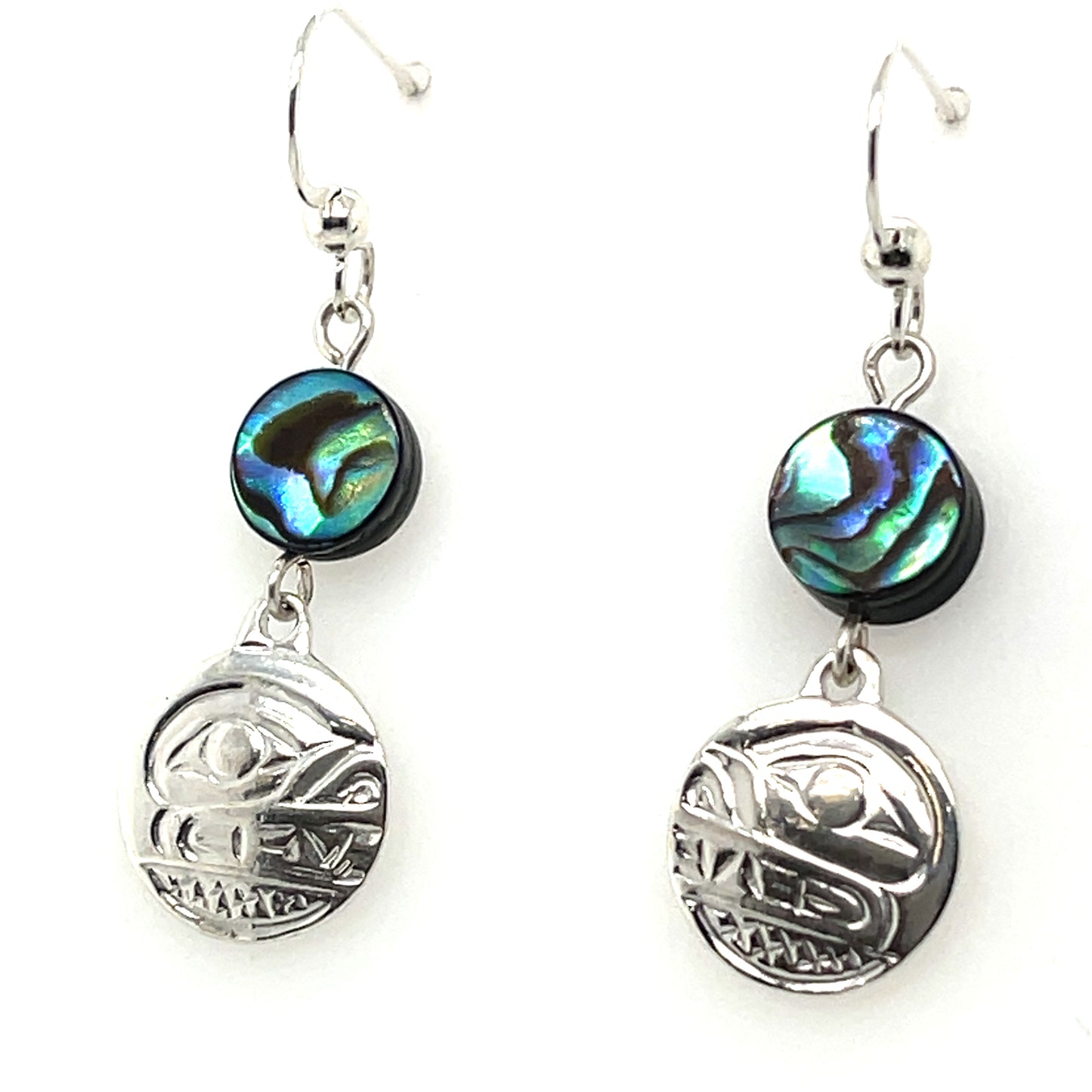 Earrings - Sterling Silver - Cast - Drop - Small - Round - Bear - Abalone
