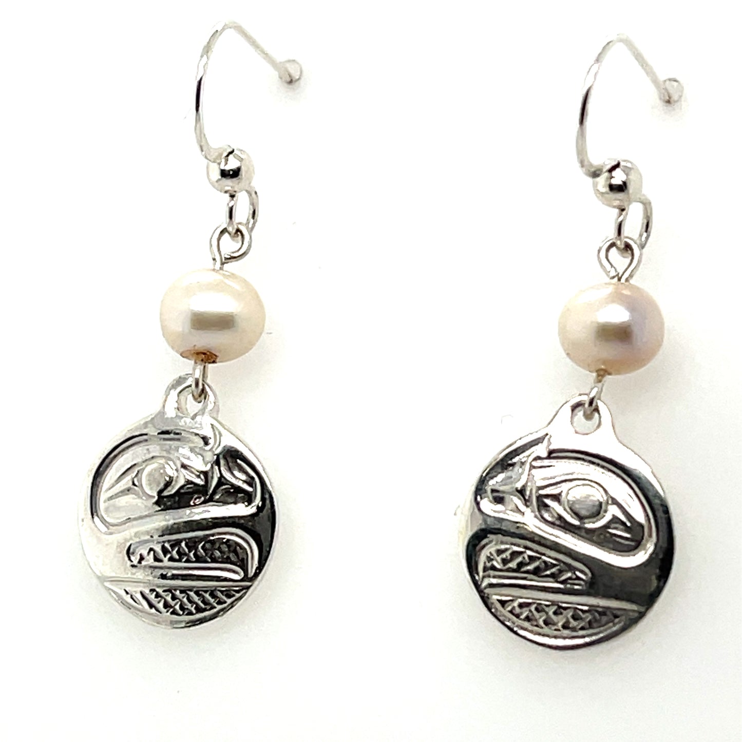 Earrings - Sterling Silver - Cast - Drop - Small - Round - Raven - Pearl
