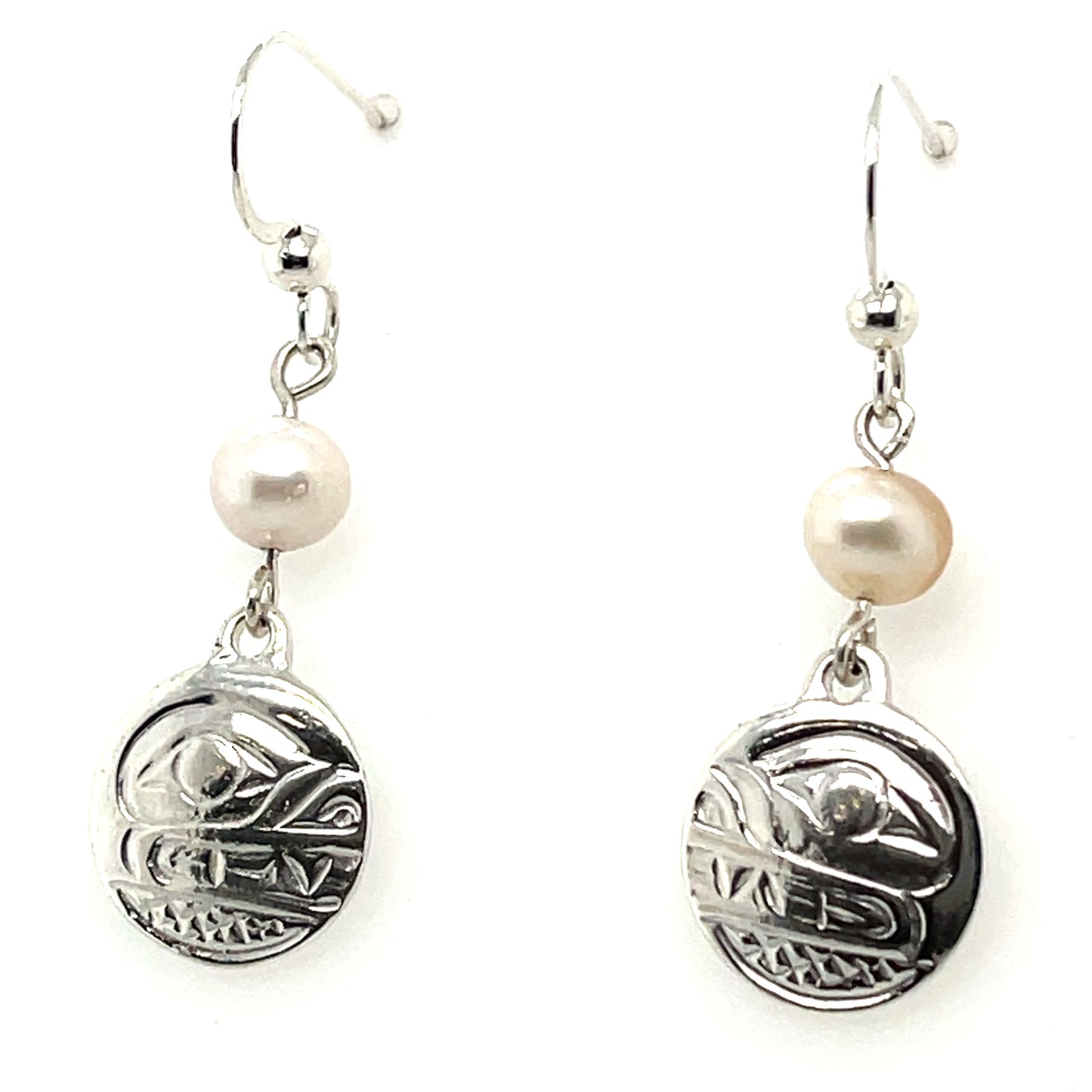 Earrings - Sterling Silver - Cast - Drop - Small - Round - Bear - Pearl