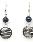 Earrings - Sterling Silver - Cast - Drop - Small - Round - Raven - Dyed Pearl