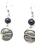 Earrings - Sterling Silver - Cast - Drop - Small - Round - Raven - Dyed Pearl