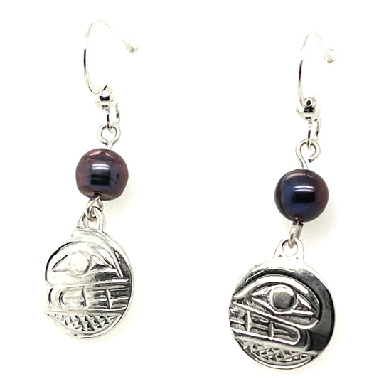 Earrings - Sterling Silver - Cast - Drop - Small - Round - Orca - Dyed Pearl