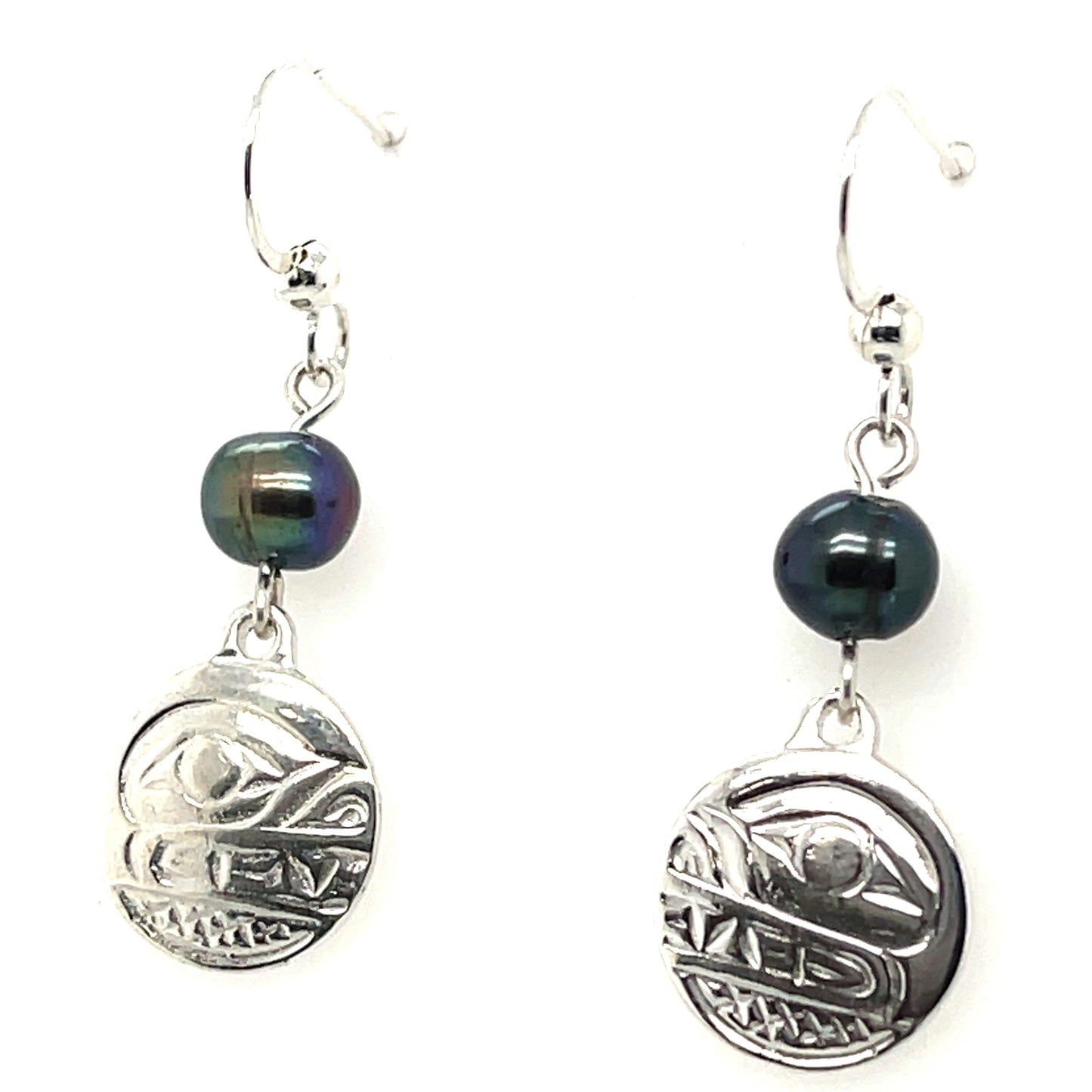 Earrings - Sterling Silver - Cast - Drop - Small - Round - Bear - Dyed Pearl