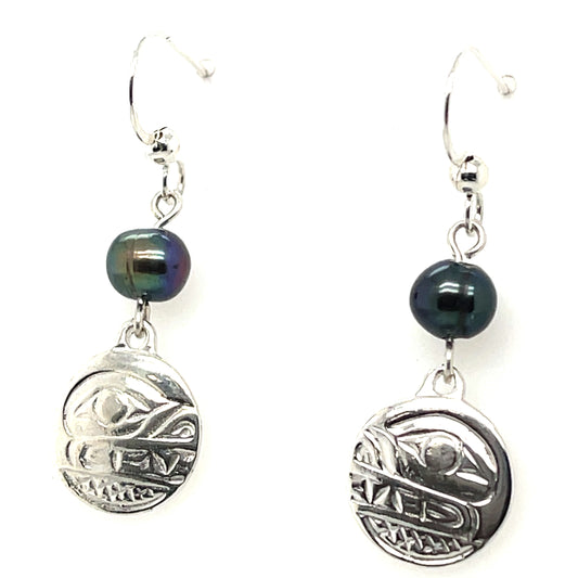 Earrings - Sterling Silver - Cast - Drop - Small - Round - Bear - Dyed Pearl