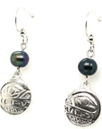 Earrings - Sterling Silver - Cast - Drop - Small - Round - Bear - Dyed Pearl