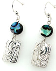 Earrings - Sterling Silver - Cast - Drop - Rectangle - Wolf - Abalone