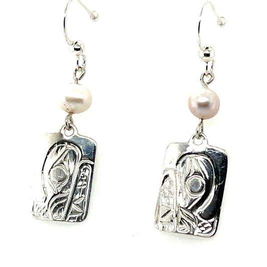 Earrings - Sterling Silver - Cast - Drop - Rectangle - Bear - Pearl