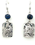 Earrings - Sterling Silver - Cast - Drop - Rectangle - Wolf - Dyed Pearl