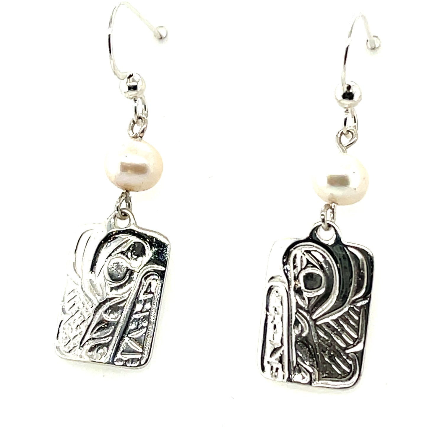 Earrings - Sterling Silver - Cast - Drop - Rectangle - Wolf - Pearl