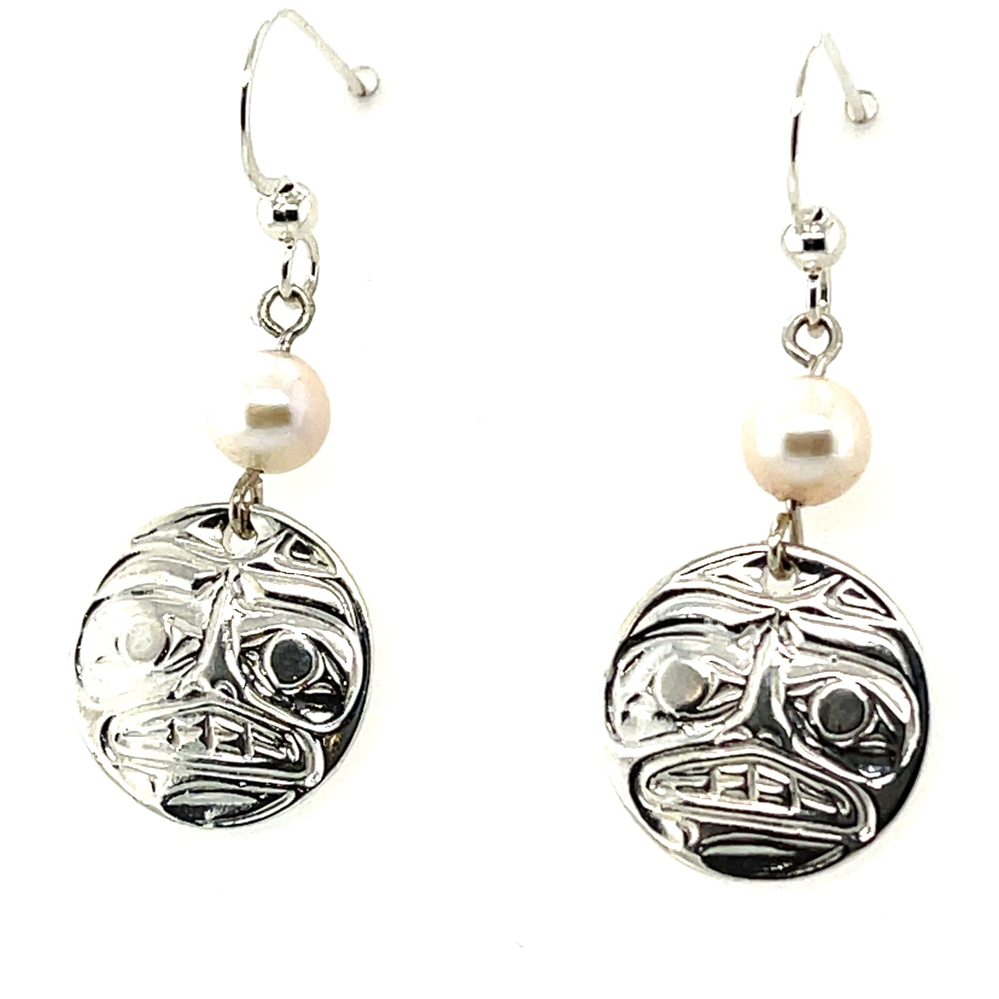 Earrings - Sterling Silver - Cast - Drop - Round - Moon - Pearl