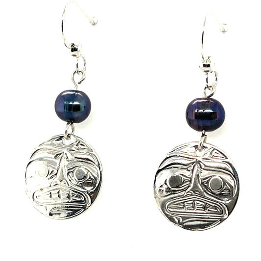 Earrings - Sterling Silver - Cast - Drop - Round - Moon - Dyed Pearl