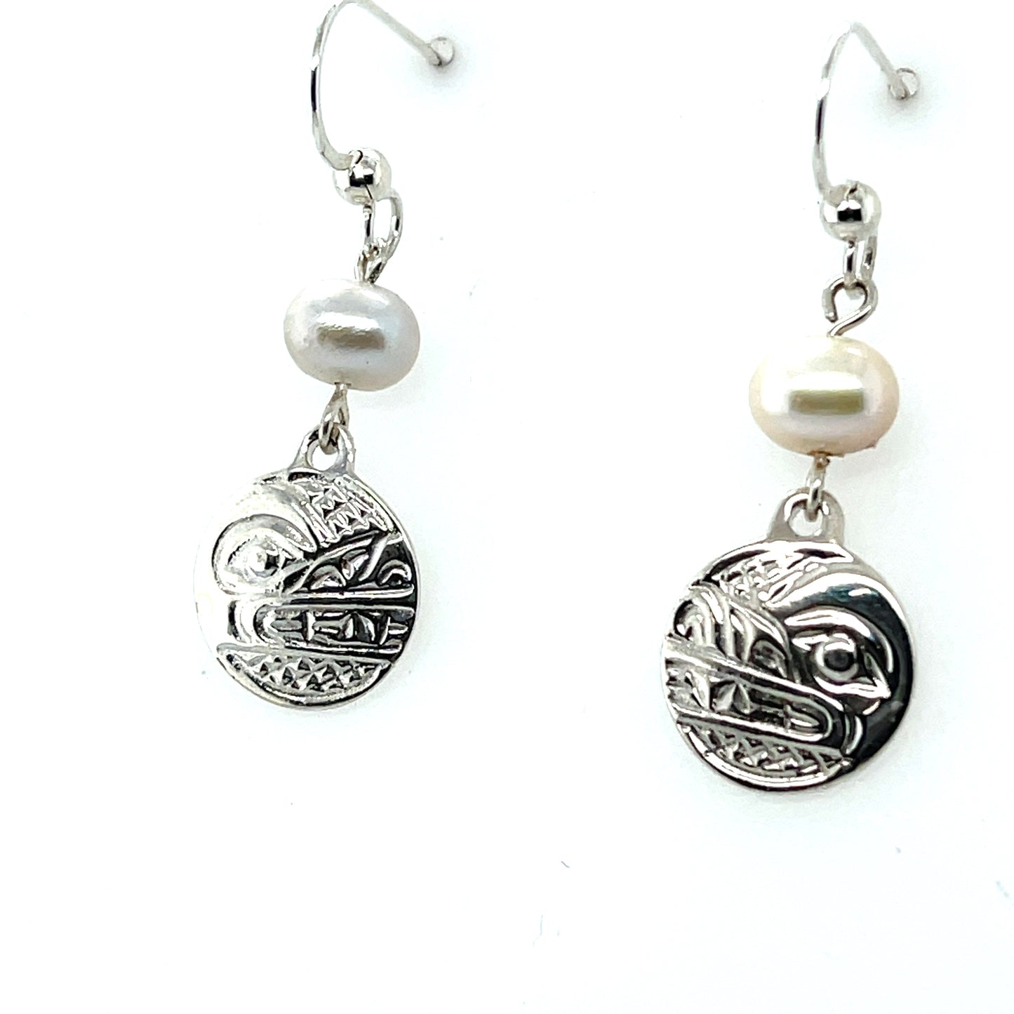 Earrings - Sterling Silver - Cast - Drop - Small - Round - Wolf - Pearl