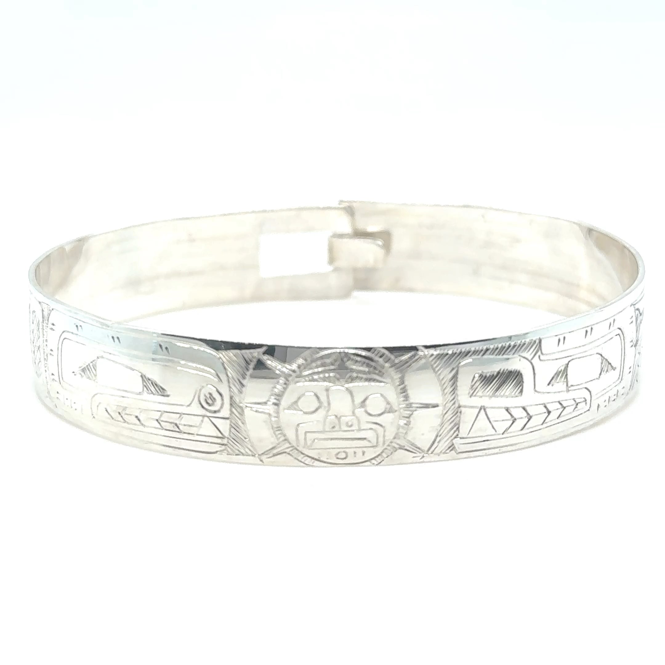 Bangle - Sterling Silver - 1/2" - Orca Moon Bear - Longer Length