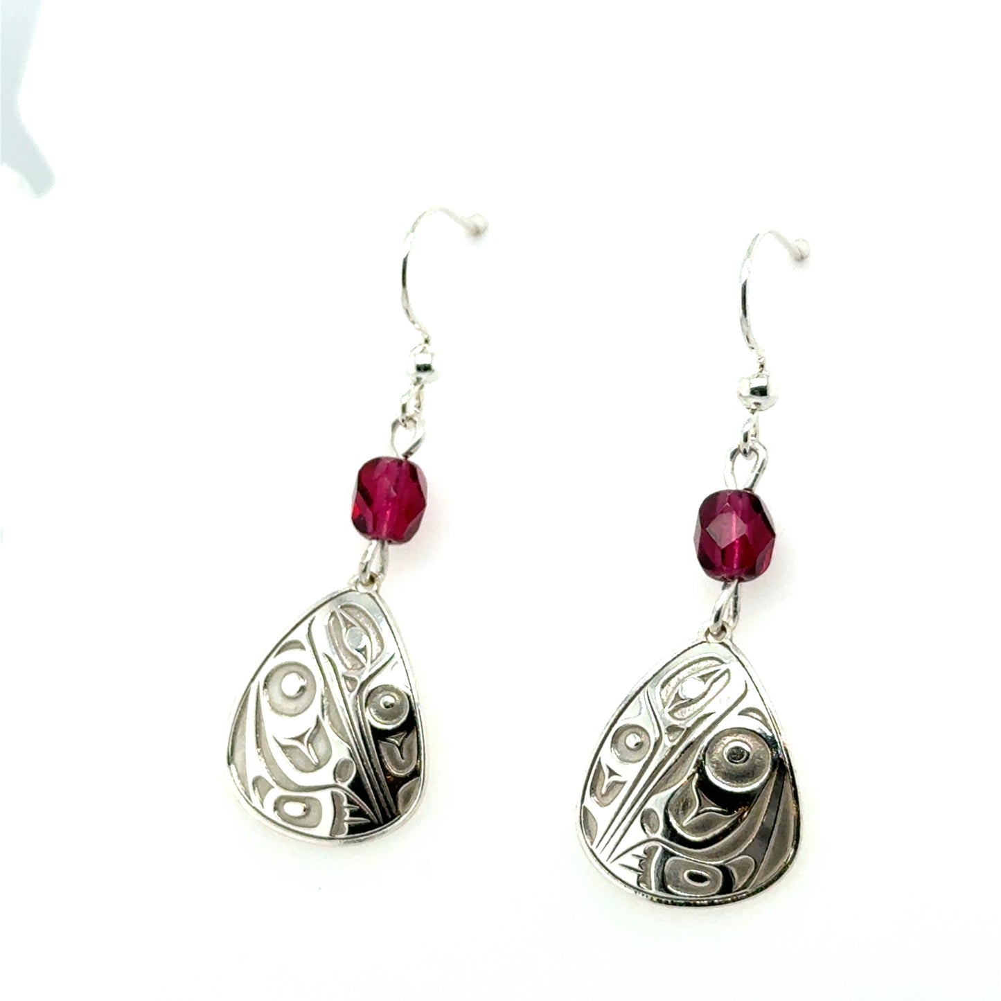Earrings - Sterling Silver - Drop - Triangle - Hummingbird - Small - Fuchsia Czech Glass Beads