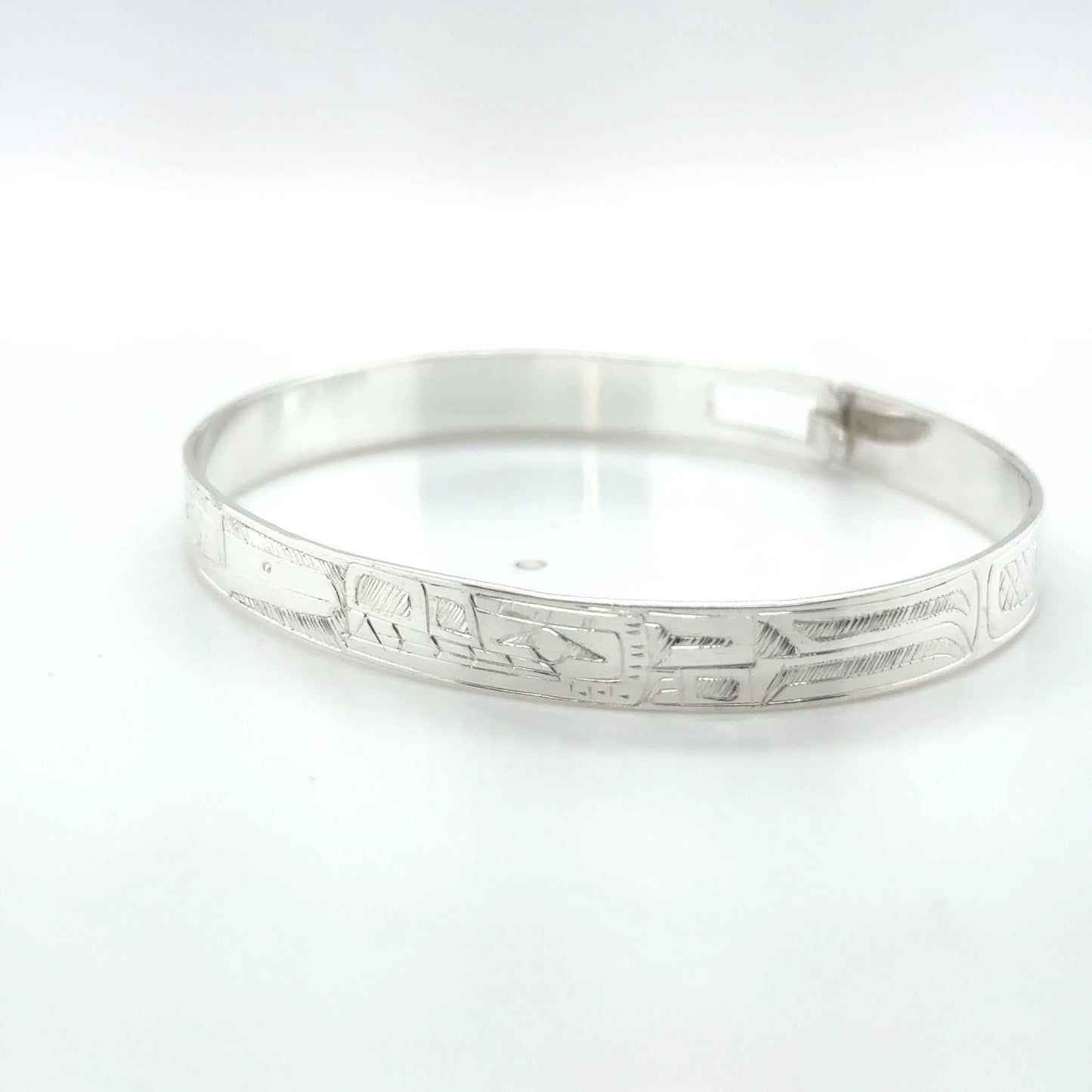 Bangle - Sterling Silver - 1/4" - Wolf & Hummingbird - Shorter Length