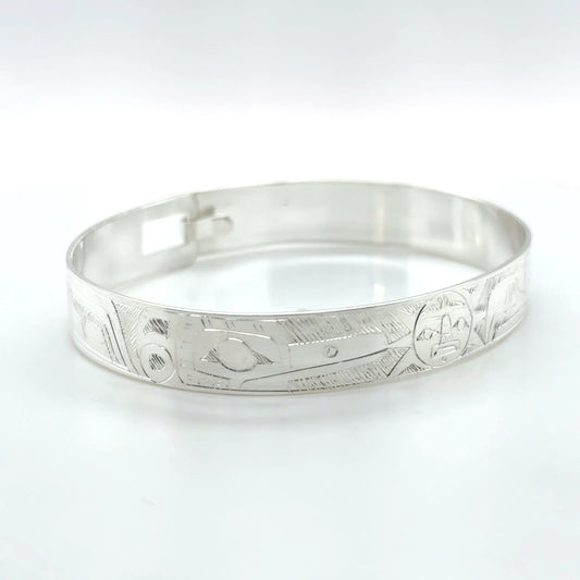 Bangle - Sterling Silver - 3/8" - Eagle, Sun, & Hummingbird - Shorter Length