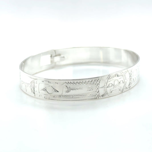 Bangle - Sterling Silver - 3/8" - Raven, Moon, & Wolf - Shorter Length