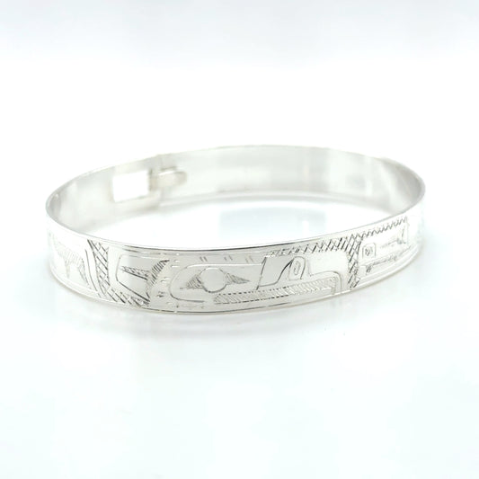 Bangle - Sterling Silver - 3/8" - Raven & Eagle - Shorter Length