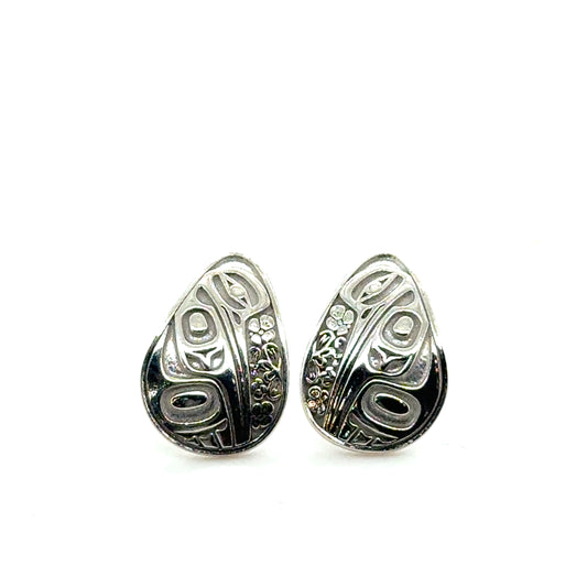 Earrings - Sterling Silver - Stud - Teardrop - Hummingbird Floral - Small - 16mm