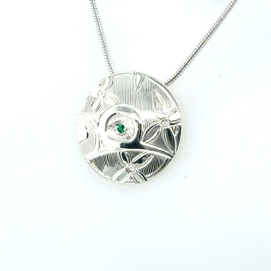 Pendant - Sterling Silver - Round - Hummingbird - Emerald (Lab)