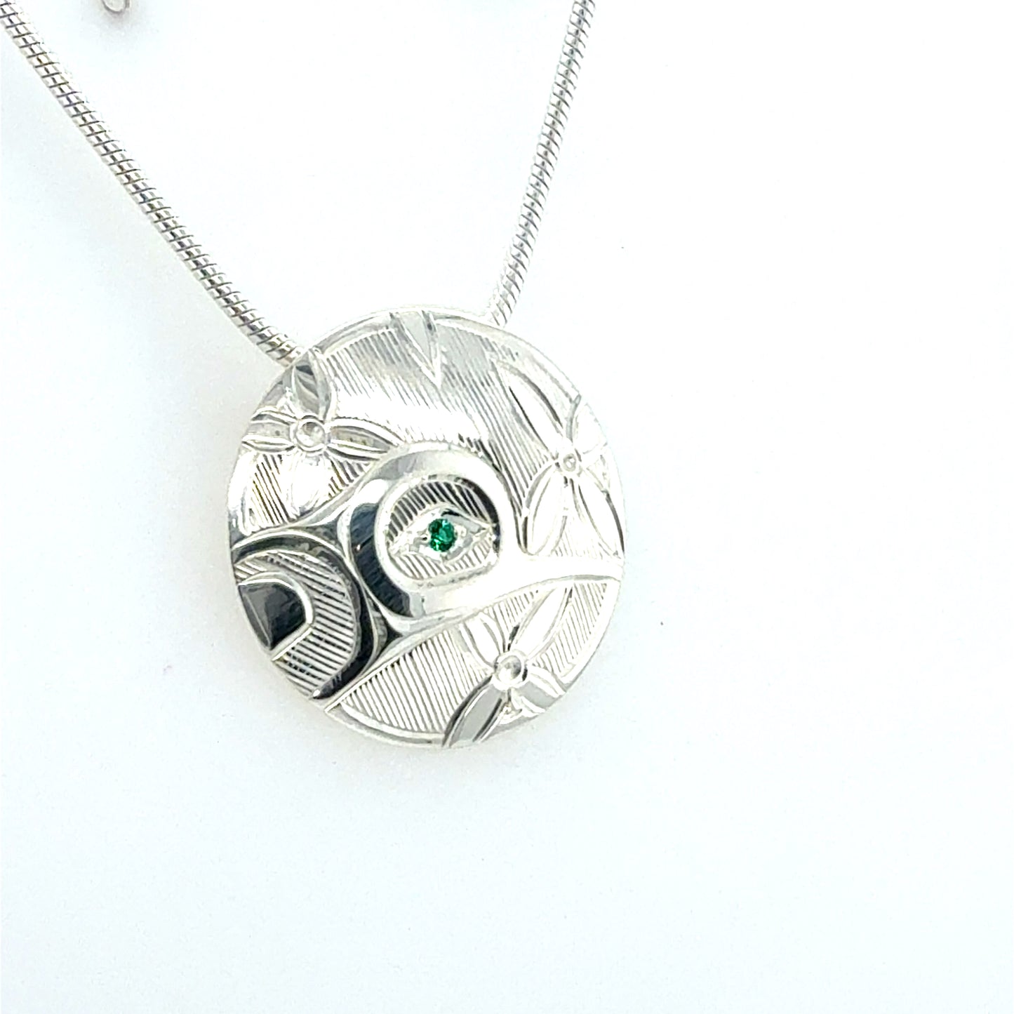 Pendant - Sterling Silver - Round - Hummingbird - Emerald (Lab)