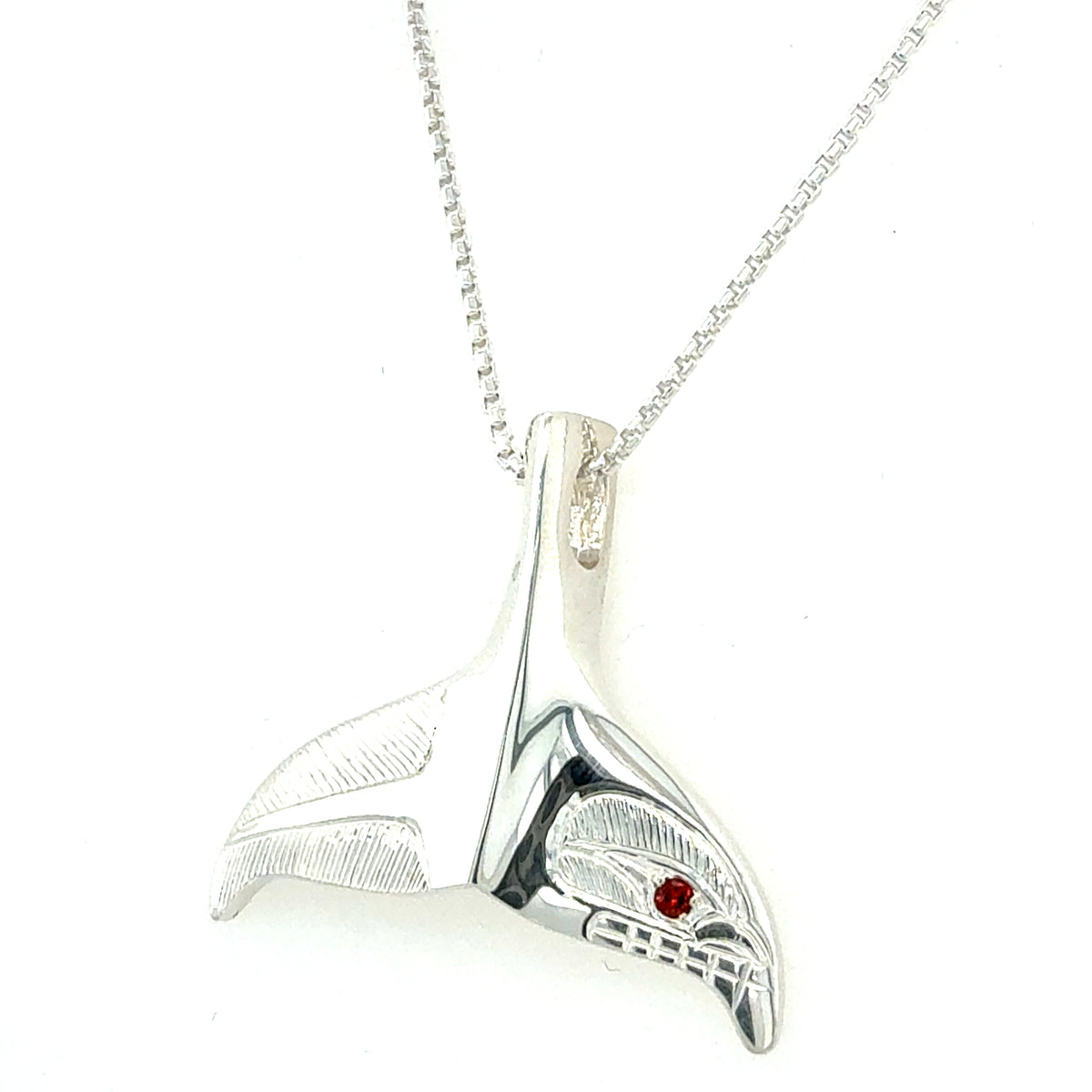 Pendant - Sterling Silver - Whale Tail with Garnet