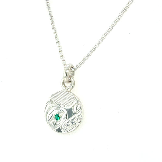 Pendant - Sterling Silver - Round - Bear with Lab Emerald