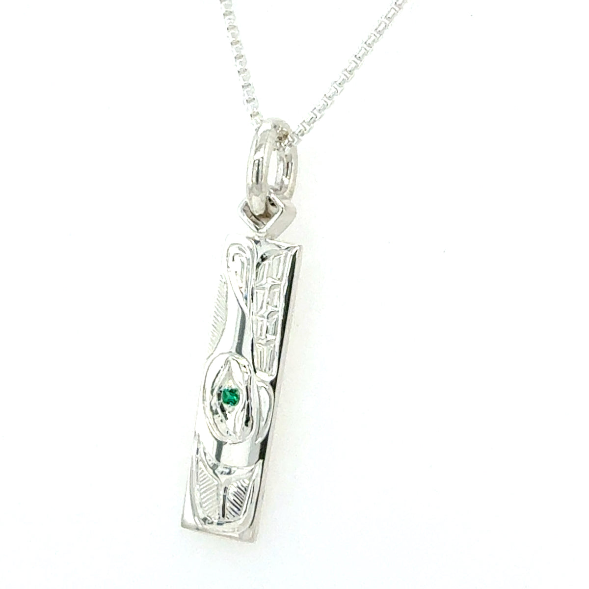 Pendant - Sterling Silver - Rectangle - Wolf with Lab Emerald