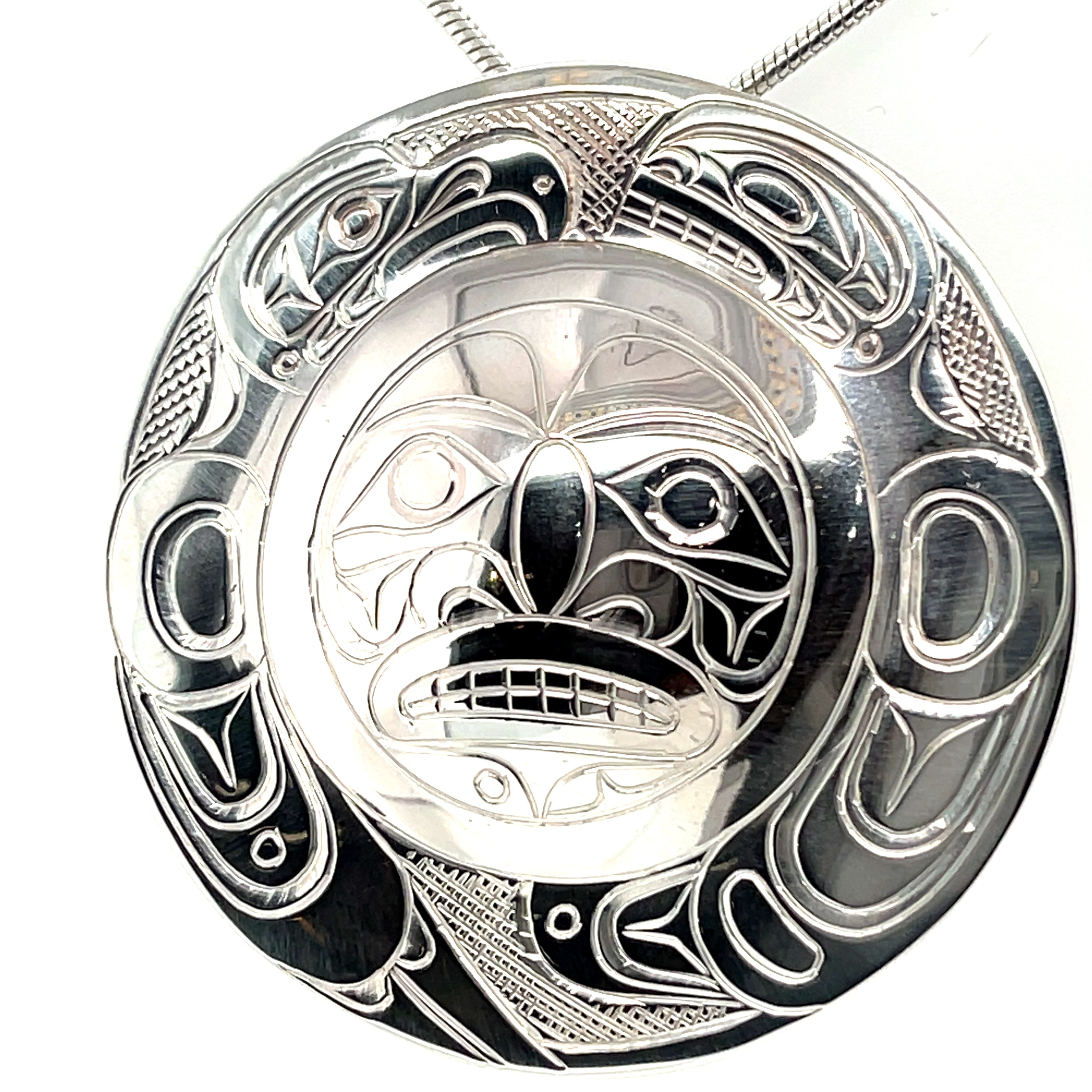 Pendant - Sterling Silver - Round - Moon with Eagle &amp; Orca