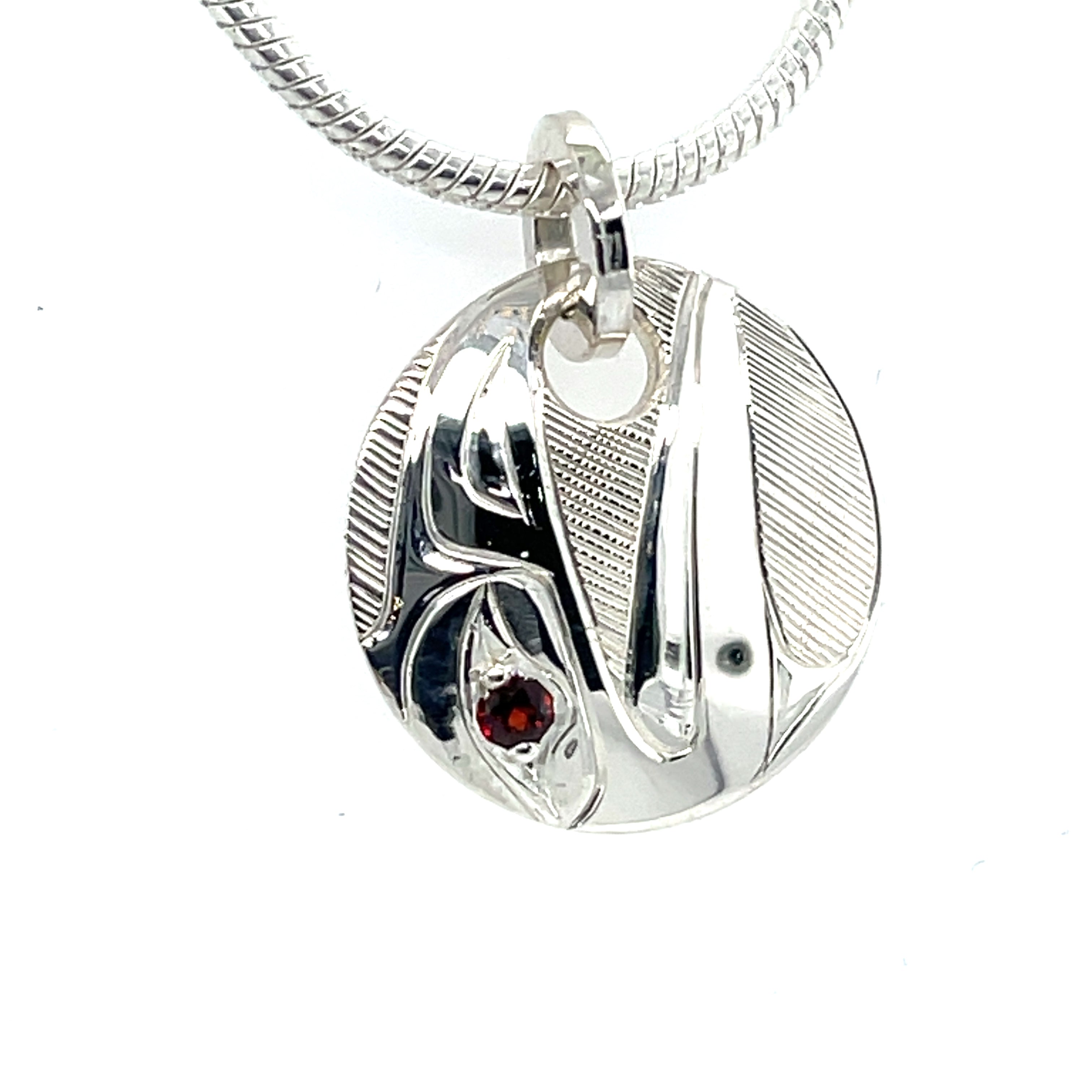 Pendant - Sterling Silver with Garnet - Round - Raven