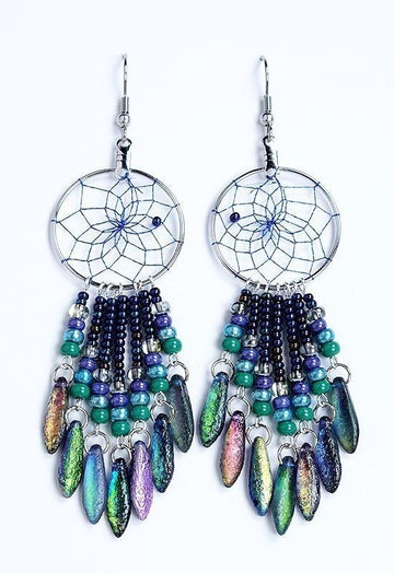 Earrings - Glass Beads - Dream Catcher - Peacock