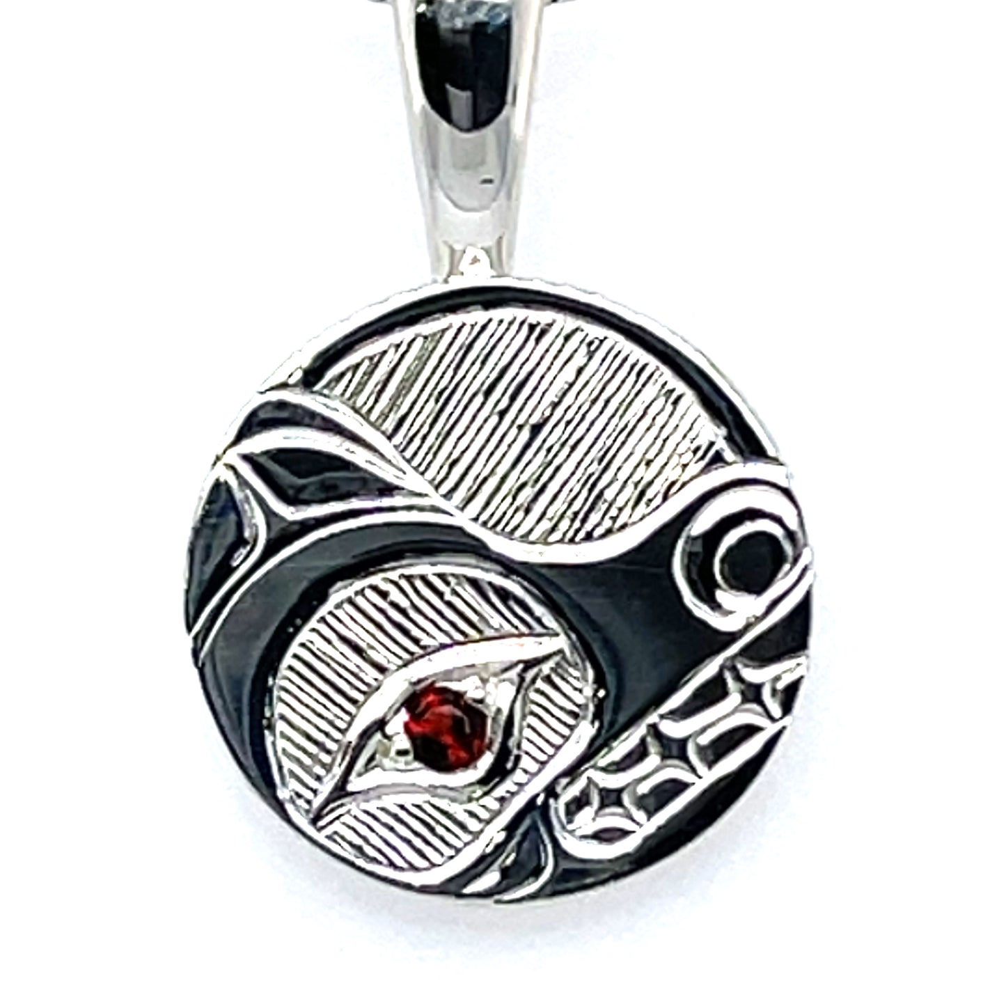 Pendant - Sterling Silver - Round - Bear - Garnet