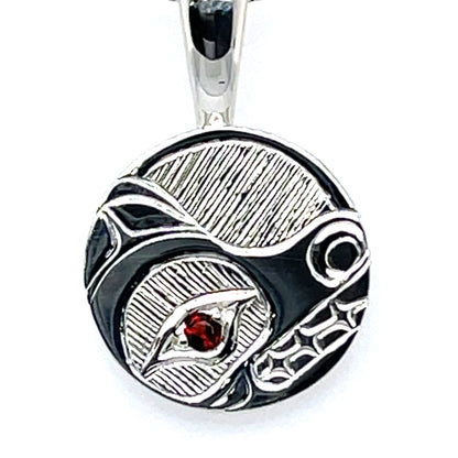 Pendant - Sterling Silver - Round - Bear - Garnet