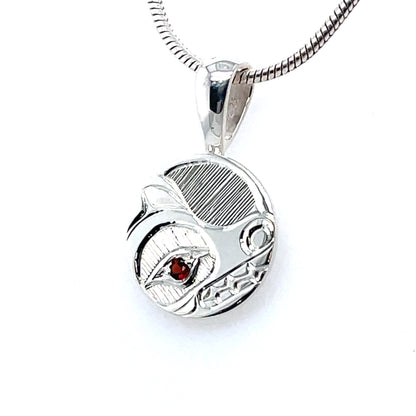Pendant - Sterling Silver - Round - Bear - Garnet