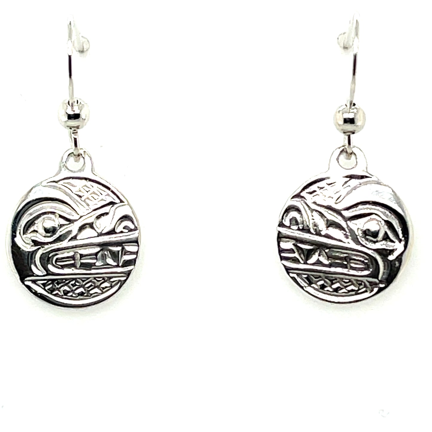 Earrings - Sterling Silver - Cast - Drop - Small - Round - Wolf