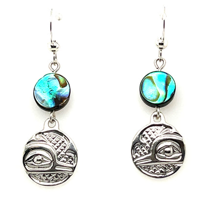 Earrings - Sterling Silver - Cast - Drop - Small - Round - Hummingbird - Abalone