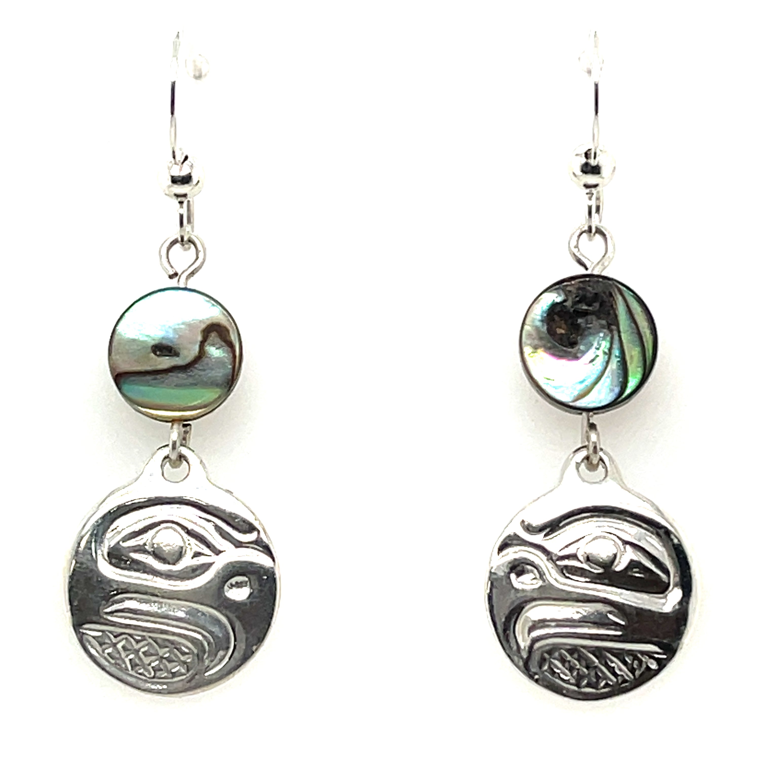 Earrings - Sterling Silver - Drop - Small - Round - Eagle - Abalone