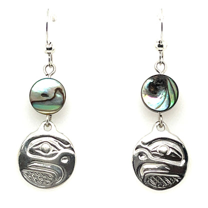 Earrings - Sterling Silver - Cast - Drop - Small - Round - Eagle - Abalone