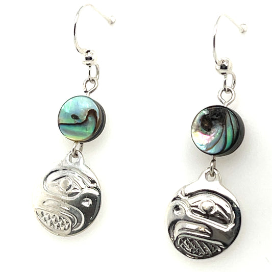 Earrings - Sterling Silver - Cast - Drop - Small - Round - Eagle - Abalone