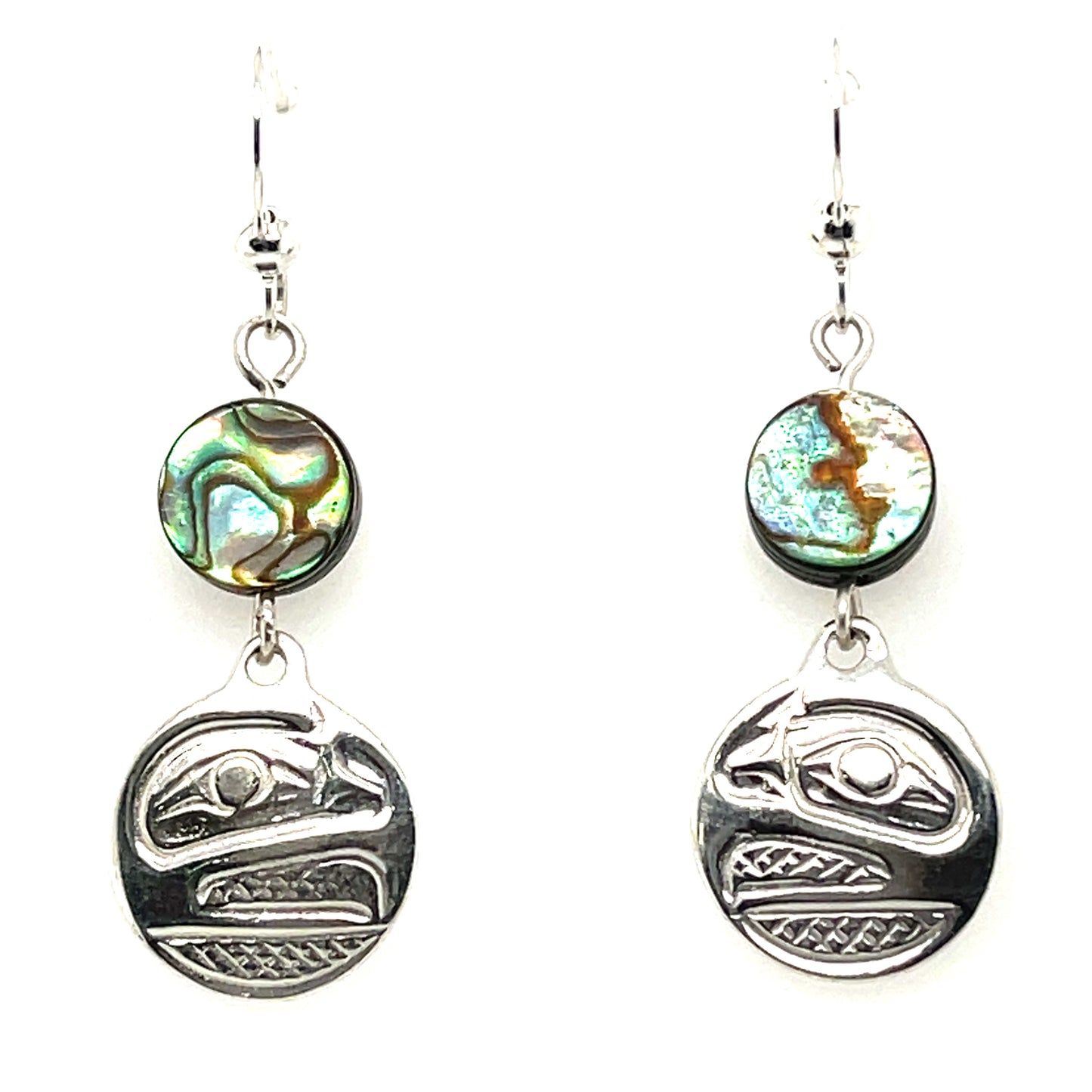 Earrings - Sterling Silver - Cast - Drop - Small - Round - Raven - Abalone
