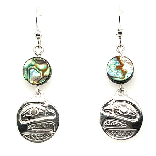 Earrings - Sterling Silver - Cast - Drop - Small - Round - Raven - Abalone