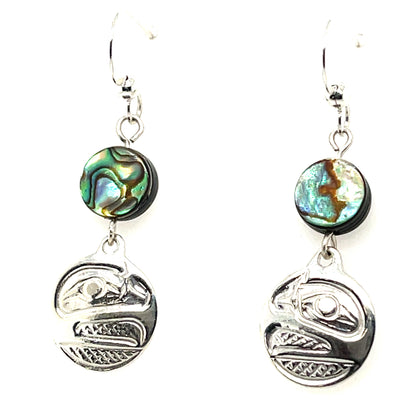 Earrings - Sterling Silver - Cast - Drop - Small - Round - Raven - Abalone