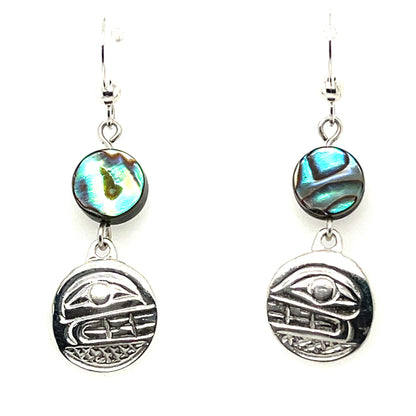 Earrings - Sterling Silver - Cast - Drop - Small - Round - Orca - Abalone