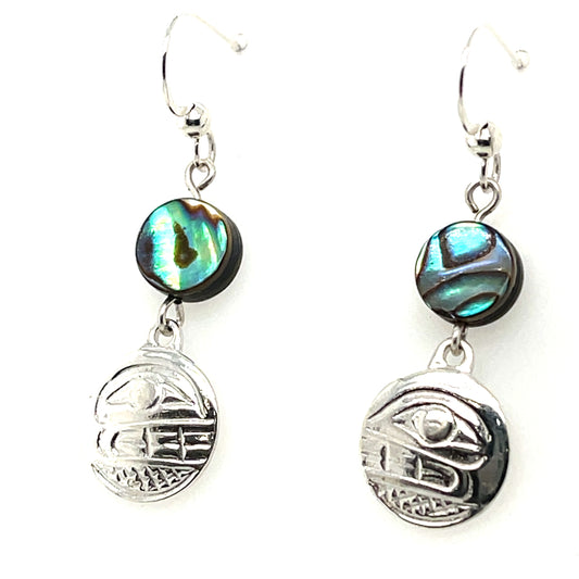 Earrings - Sterling Silver - Cast - Drop - Small - Round - Orca - Abalone
