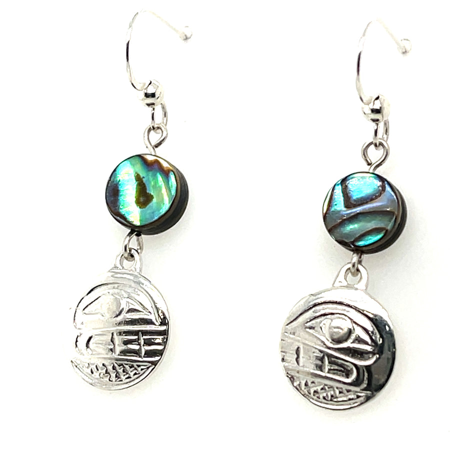 Earrings - Sterling Silver - Drop - Small - Round - Orca - Abalone