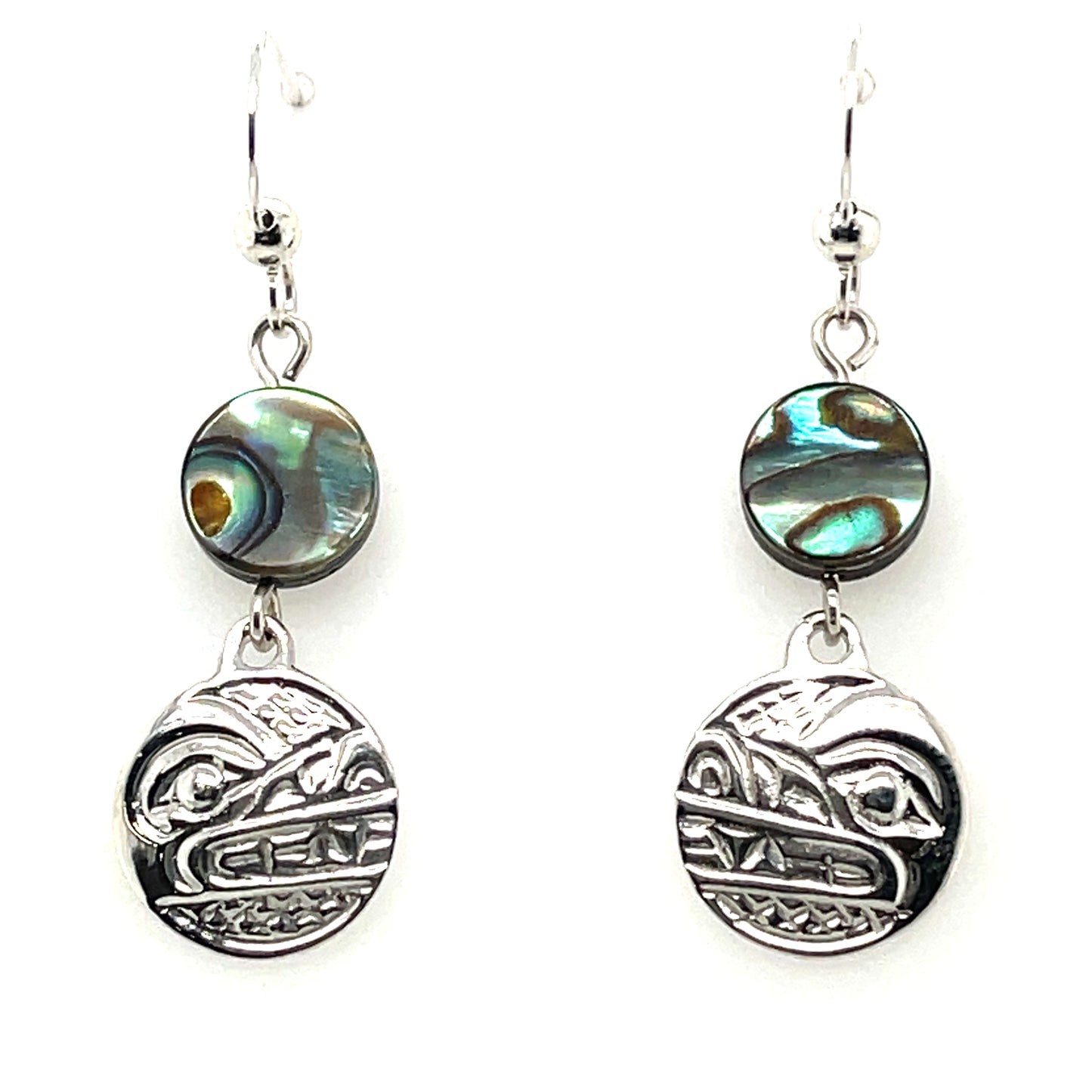 Earrings - Sterling Silver - Cast - Drop - Small - Round - Wolf - Abalone